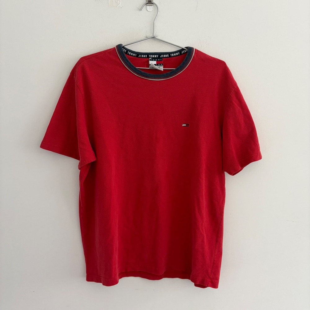 Tommy Jeans Mens Large Red Waffle Knit Short Sleeve T-Shirt Vintage 90s